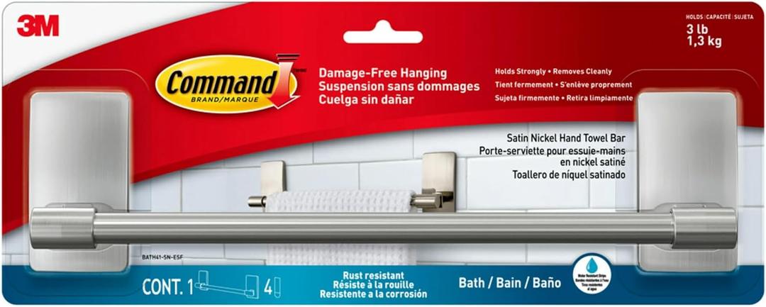 Command Hand Towel Bar Satin Nickel with 4 Water Resistant Command Strips, 9" Hand Towel Holder, Holds up to 3 lb, Great for Bathroom Dcor on the Wall, Inside the Cabinet, or in the Shower