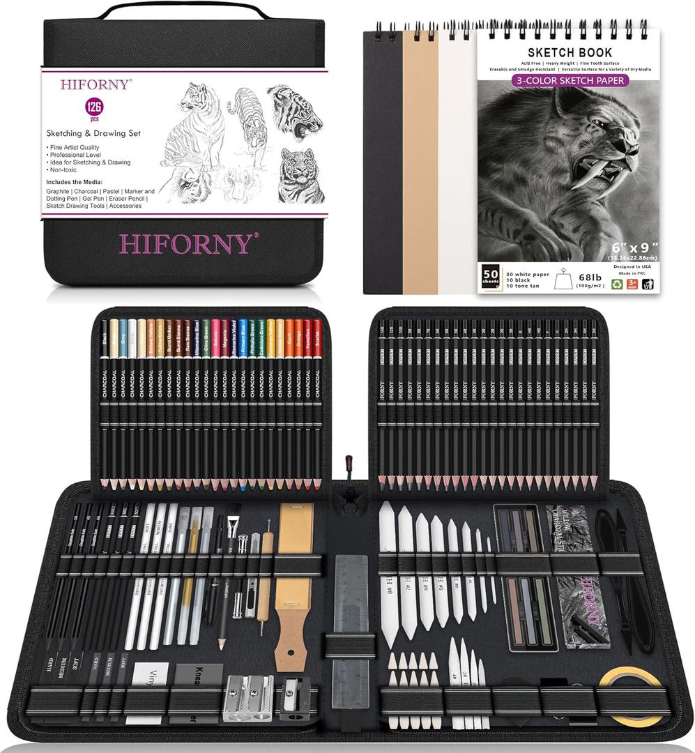 HIFORNY 126 PCS Drawing Kit Sketching Pencil Set, Sketch Pencils Art Supplies with 3-Color Sketchbook, Graphite, Charcoal, Blending Tools, Drawing Pencils for Adults Artists in Zipper Case