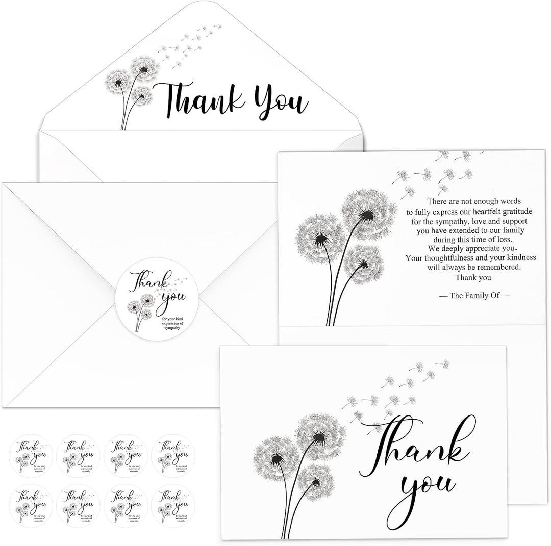 Fumete 50 Set Funeral Thank You Cards with Envelopes and Stickers Thank You Sympathy Cards with Meaningful Message Bereavement for Funeral Family Loved Ones Celebration of Life(Dandelion)