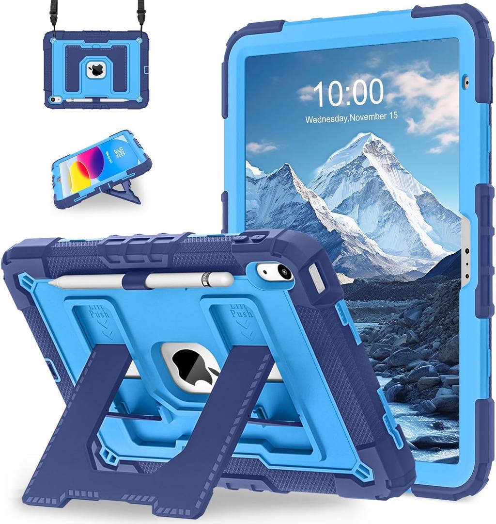 WESOROL Case for iPad A16 11th Generation 11 Inch (2025) iPad 10th Generation 10.9 Inch (2022),i Pad A16 Case Military Grade Shockproof Cases with Pencil Holder Shoulder Strap,Navy Blue