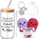 LemonRoad 4 Pack Valentines Galentines Day Friendship Gifts for Women 16 oz Glass Cup with Lid, Straw Brush, Heart Crochet and Keychain with Organza Bag Birthday Gift for Soul BFF Sister Bestie
