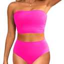 Tempt Me Women Bandeau Bikini Set Strapless High Waisted Two Piece Swimsuit Longline Bathing Suits (Small, Hot Pink)