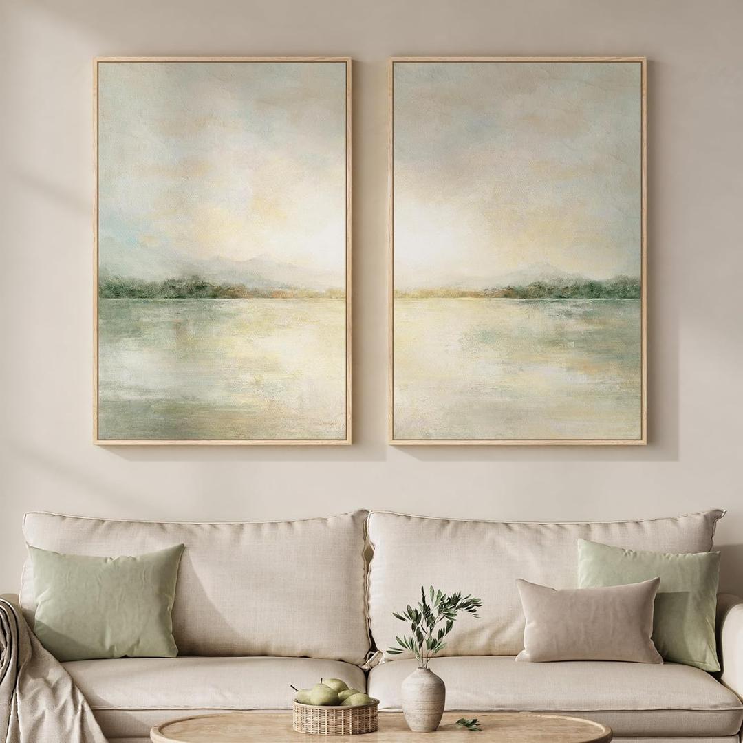 Framed Sage Green Abstract Wall Art for Living Room, Large Set of 2 Abstract Landscape Canvas Artwork for Walls, Minimalist Painting Print for Bedroom Dining Room Office Hallway Wall Decor, 24x36 Inch