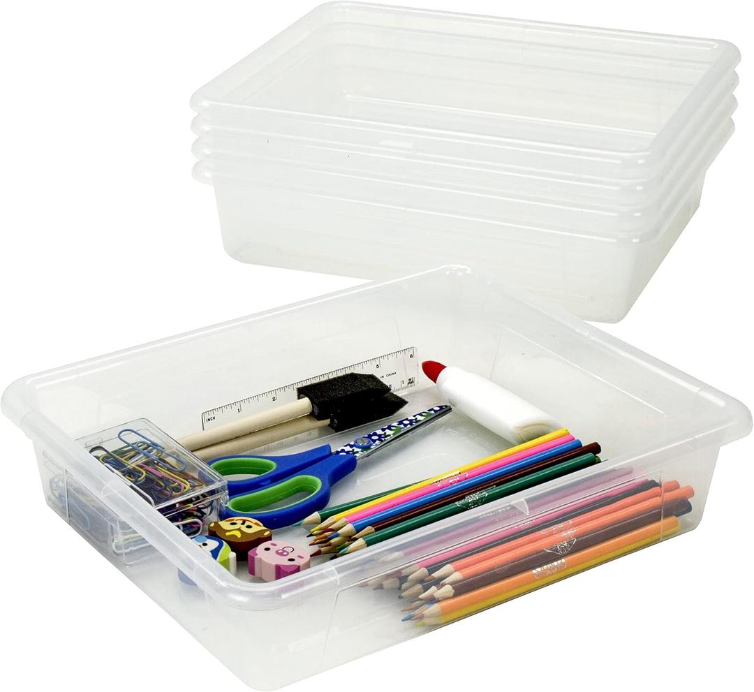 Storex Letter Size Flat Storage Tray – Organizer Bin for Classroom, Office and Home, Clear, 5-Pack (62531A05C), 10 x 13 x 3 Inches