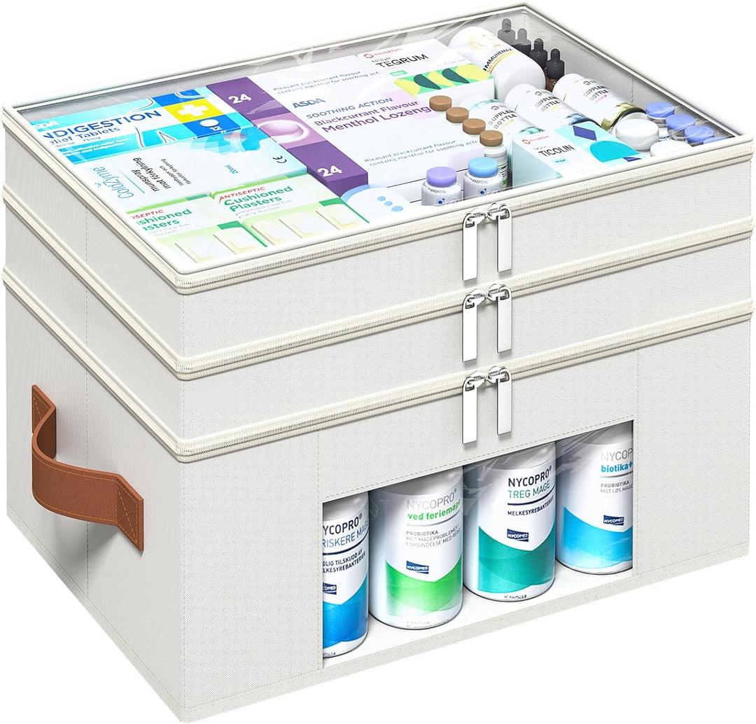 3-Tier Medicine Organizer for Cabinet, Foldable Medicine Storage Box with Clear Cover and Leather Handle, Empty First Aid Kit for Home and Travel