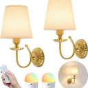 Wireless Wall Sconces Set of Two 14"H, 5300mAh Battery Operated Wall Sconce, Rechargeable Bulbs with Remote, 15 Colors Dimmable Wall Sconces with Fabric Shade for Bedroom Living Room(Brushed Gold)