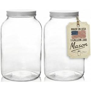 kitchentoolz Gallon Jar 1 Gallon Glass Jar with Lid  Gallon Mason Wide Mouth Large Glass Jar for Fermenting, Pickling, Canning, Water Glassing Eggs, Kombucha, and Food Storage  Made in USA (White Lid (2 Pack))