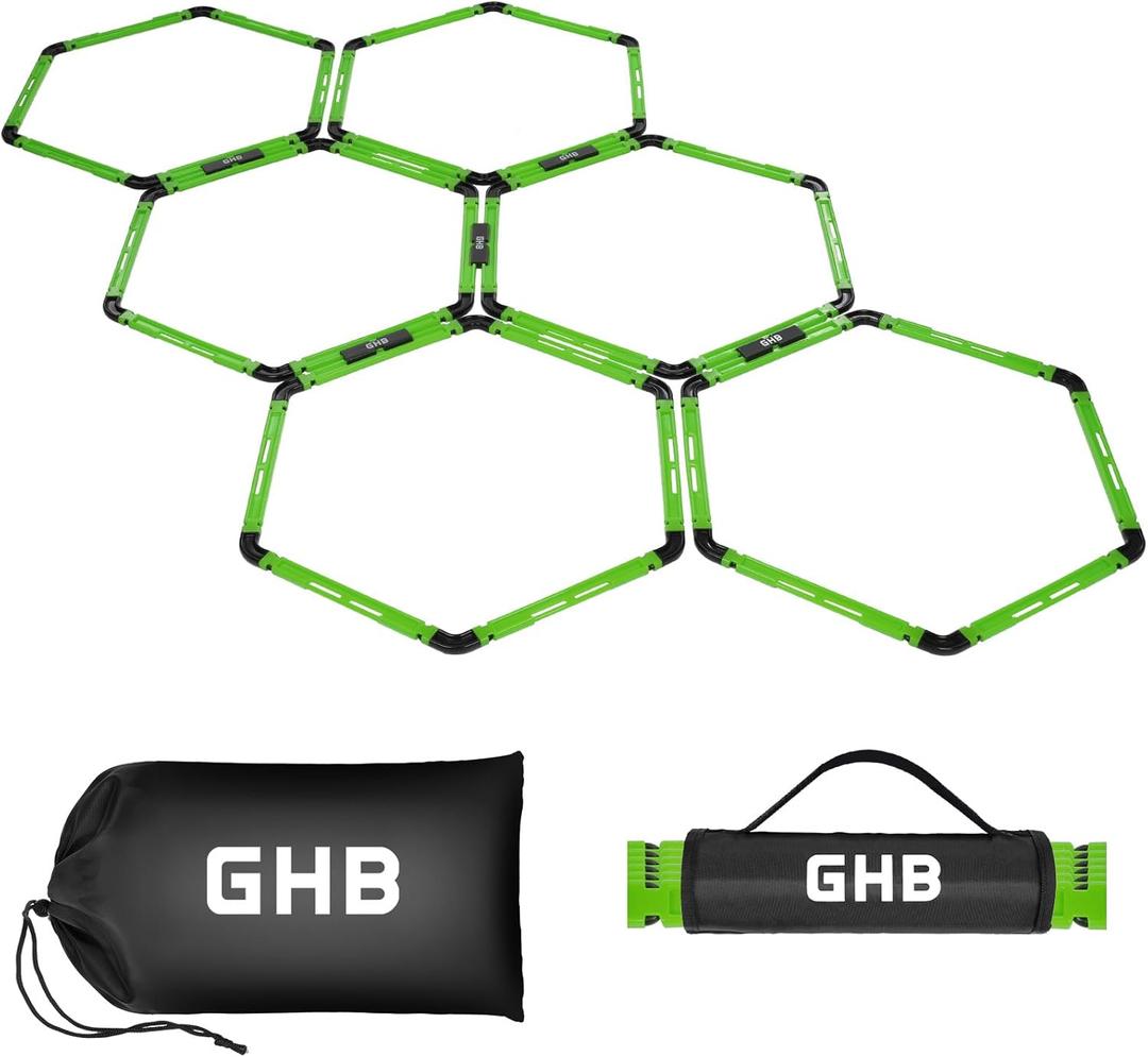 GHB Hex Agility Rings Speed Rings with Carrying Bag 6 Set Portable Hexagon Rings, Agility Ladder for Agility Footwork Training (Green)