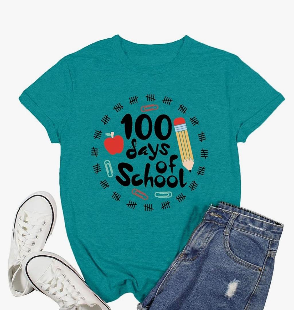 100 Days of School Shirts for Women Teacher School Days T-Shirt Happy 100th Day Teachers Tee Tops XL