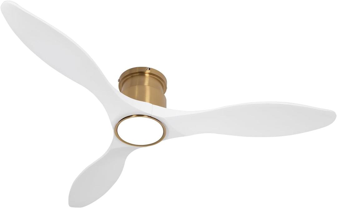 52 Inch Ceiling Fan with Lights and Remote, White Gold Low Profile Flush Mount, Modern 3 Blade Ceiling Fans Dimmable LED Light for Farmhouse Indoor Bedroom, Living Room