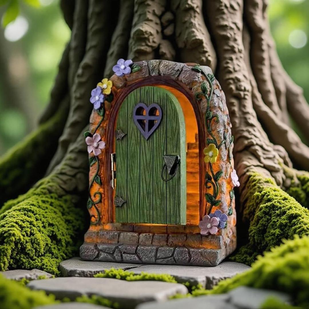 Solar Fairy Door Statue for Garden - Magic Fairy House Waterproof Resin Outdoor Fairy Garden Decor Accessories (7.5in*4.7in*5.9in, Miniature Fairy Figurines for Tree & Wall Decor)