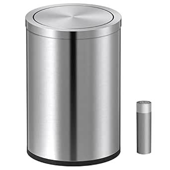 Mbillion Small Trash Can with Swing Lid 2.4 Gallons/9 Liter, Mini Trash Can with lid, Stainless Steel Cylindrical Garbage Can for Home and Office Bathroom Bedroom, for Ground and Desktop(Silver)