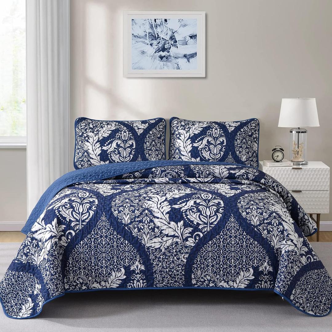 Navy Quilt Set Queen Size, Boho Damask Bedspread Coverlet Set Soft Lightweight Luxury Classical Bedding Set 3 Pieces for All Season (96"x90")