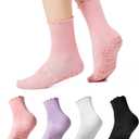 COOLMATE Pilates Socks with Grips for Women, Yoga Socks, Crew Non Slip Women for Barre, Pilates Gifts for Women (A-06k. 4 Pairs Ruffle Black/White/Light Purple/Pink)