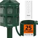 Outdoor Power Stake, 25 Feet Extension Cord Waterproof, Independently Remote Control 3 Sets of Outlets, 6 Grounded Outlets for Garden, Patio, Outdoor Decor, ETL Listed
