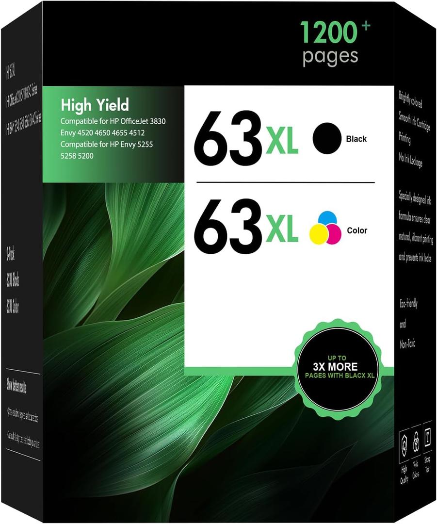 63 63XL Ink Cartridges Combo Pack Envy 4520 OfficeJet 3830 Replacement for HP 63XL Ink Cartridges Black and Color for HP Envy 4512 OfficeJet 4650 5255 5258 5200 DeskJet 1112 Printer 2-Pack