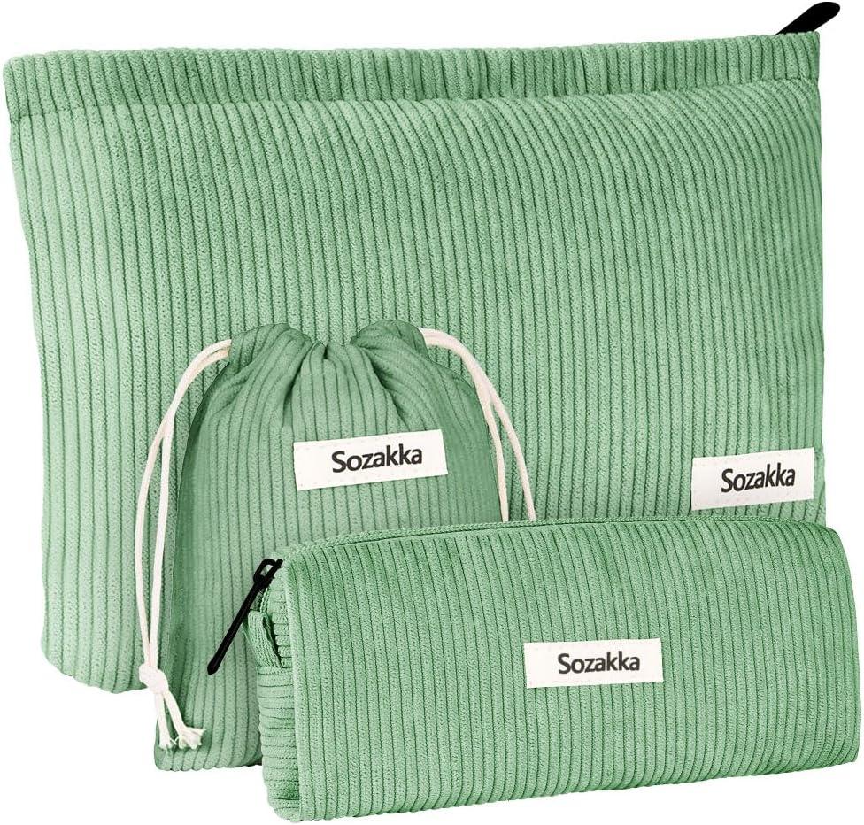 3Pcs Corduroy Cosmetic Bag, Cosmetic Bags for Women, Mini Makeup Bags with Zipper, Corduroy Fashion Portable Makeup Pouch for Travel Toiletry Girls Gift,Green