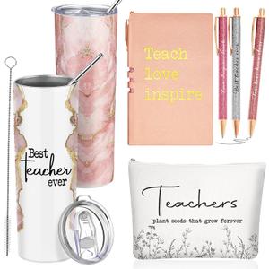 Domensi 6 Pcs Teacher Appreciation Gift Set for Women Staff 20 oz Marble Sign Tumbler Inspirational Ballpoint Pen Notebooks with Makeup Bag Teacher Thank You Gifts(Rose Pink)
