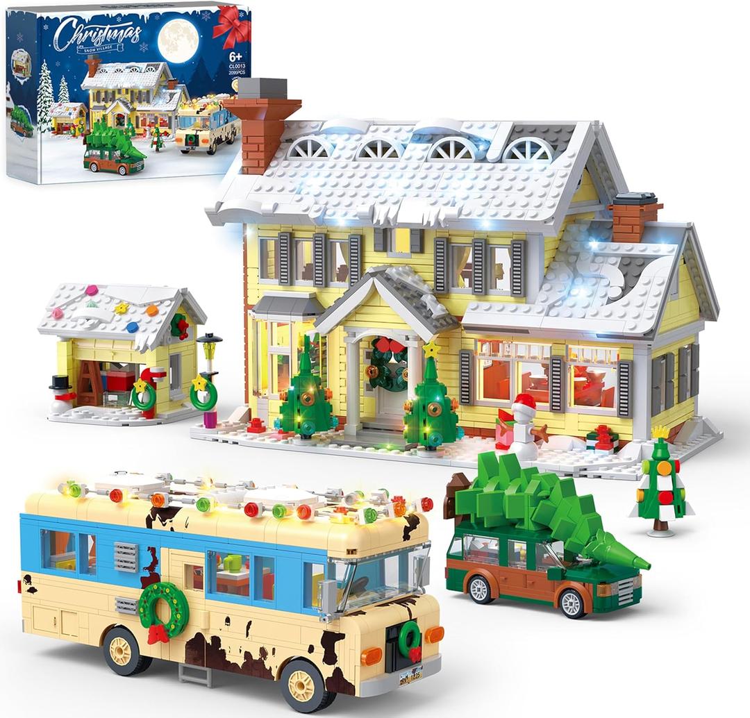 Snow Village Building Set,4 in 1 Christmas Vacation Holiday House&Cousin Eddie's RV&Picup Truck&Garage Building Blocks Model Kit Compatible with Lego for Child Adults(2056PCS)