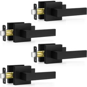 Plustool 4 Pack Black Door Handles Interior, Passage Door Levers for Hallway & Closet, Interior Closet Door Knobs Heavy Duty Square Non-Locking Handlesets, Reversible for Left & Right Sided Doors