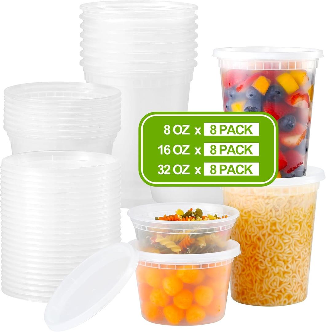 AOZITA 24 Sets Plastic Deli Food Containers With Lids, 8 oz 16oz 32oz Variety pack, Airtight Food Storage Containers, Freezer/Dishwasher/Microwave Safe, Soup Containers For Takeout Food Storage