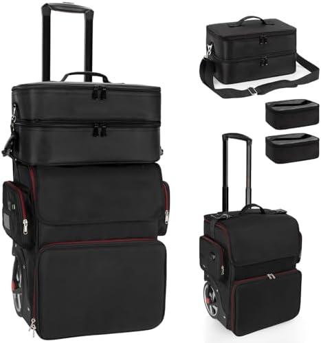 Large Makeup Train Case with a Large Makeup Travel Bag for Hairstylist, Hairdresser Bag with Detachable Pouch,Heat Insulation and Anti-scalding Full layer for Hairdressing Tool Organizer, Big wheels