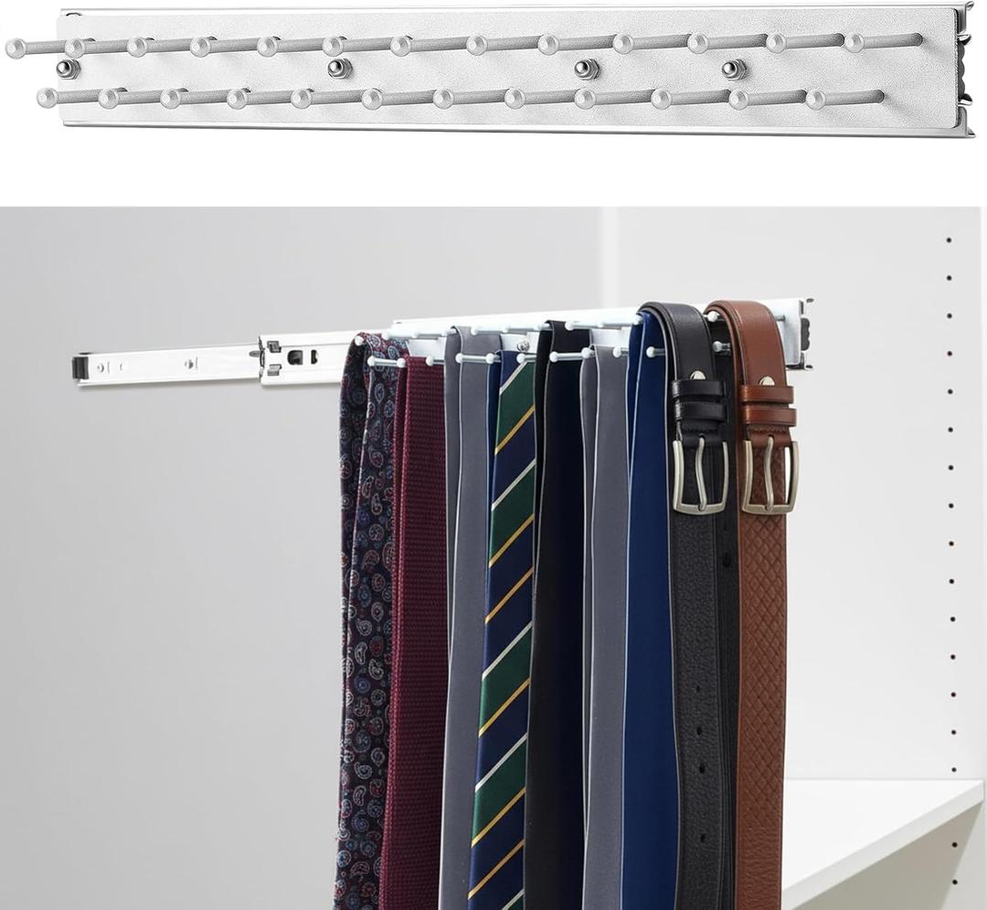 Blulu 1 Pcs 13.8'' Sliding Tie Rack Hanger for Closet, 25 Tie Pull Out Wall Mounted Extending Sturdy Metal Belt Organizer Holder for Men Belt Storage, Sliver
