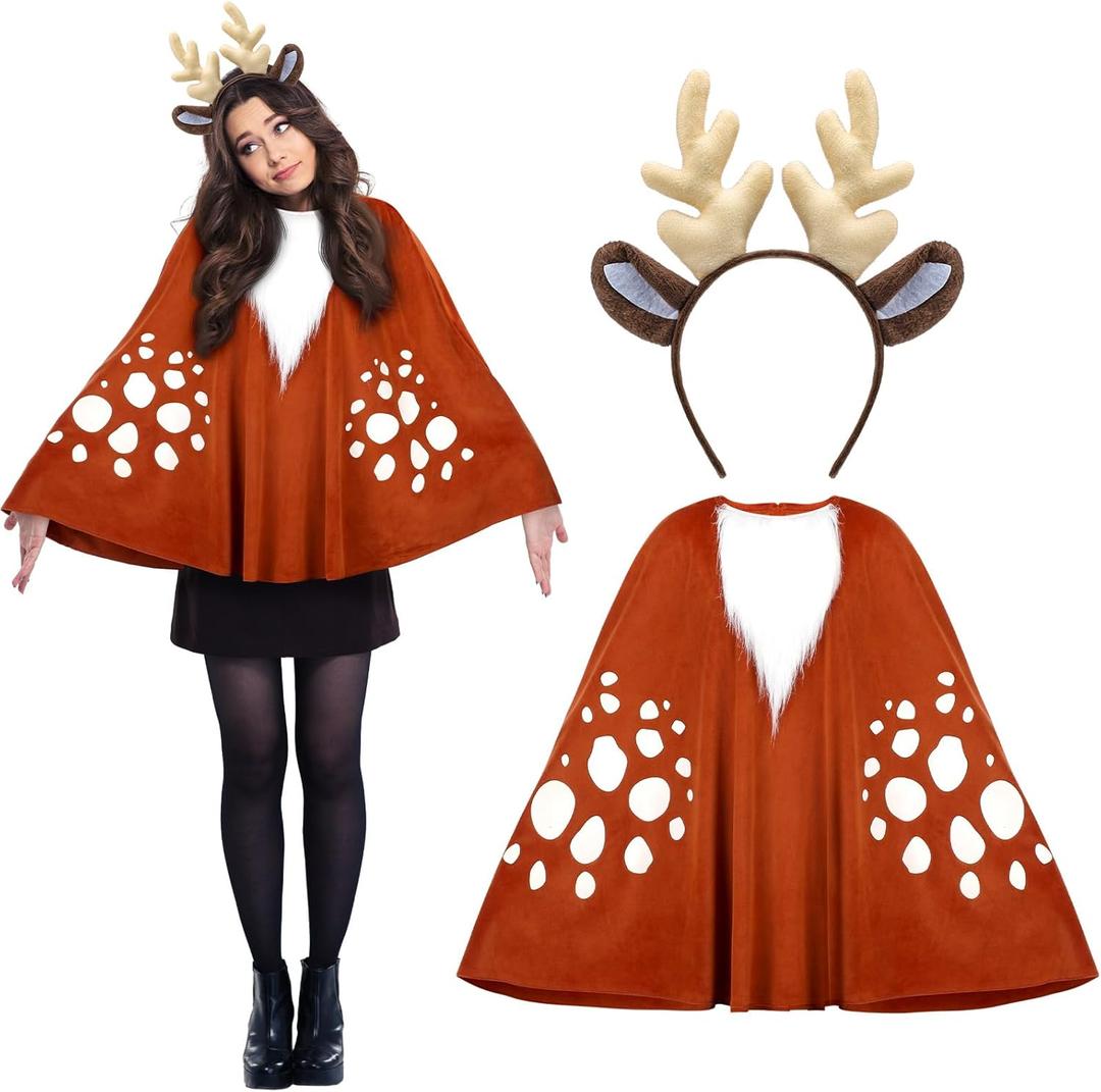 Xtinmee Christmas Deer Costume Set for Women Adult Reindeer Costume Includes Antler Deer Poncho Outfit Reindeer Headband Outfit Accessories for Christmas Birthday Makeup Xmas Party Supplies