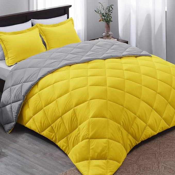 Yellow/Gray Reversible Comforter Set. 1 Fitted sheet, 1 Sham