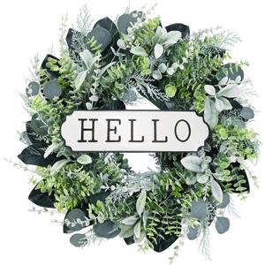 24'' Hello Door Wreath 24inch Boxwood Wreath Farmhouse Eucalyptus Flocked Lambs Ear Wreaths for Front Door Hanging Wall Window Party Decoration