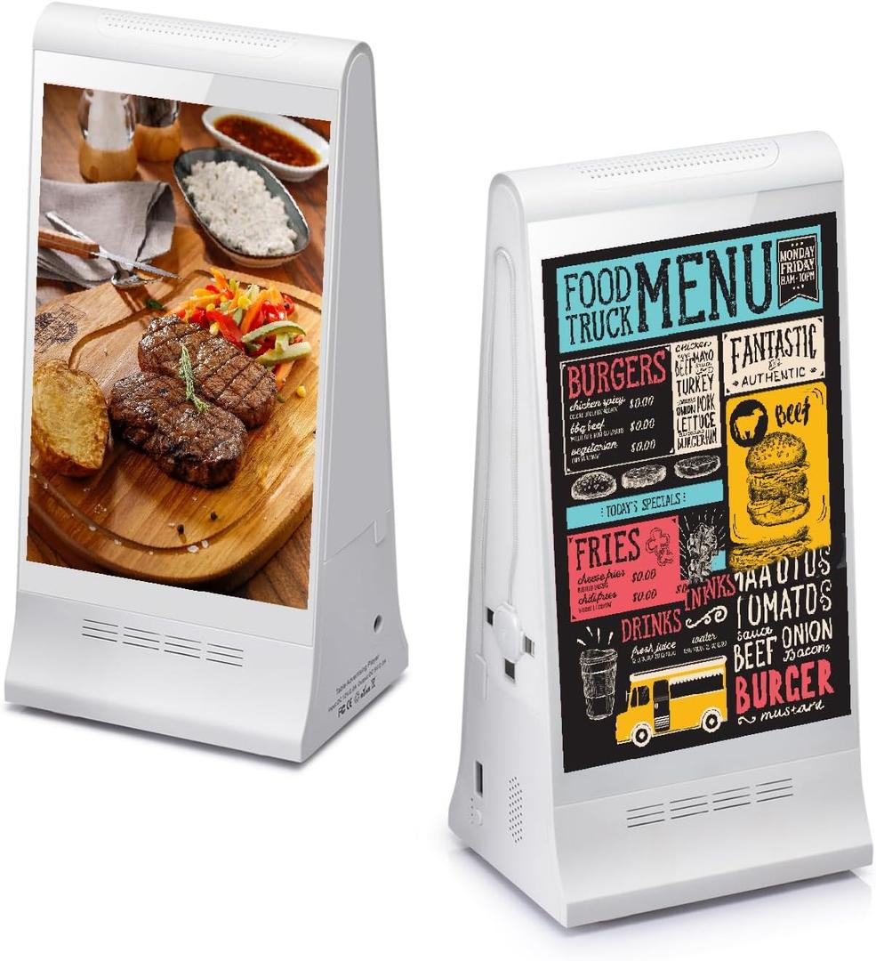 Digital Signage Display for Tabletop ,Interactive Digital Signage with Double 8 inch LCD Touch Screen and WIFI Connected,Rechargeable 23200mAh Battery,Portable Advertising Kiosk for Restaurants,Bar, Hotel ,Cafe (White)