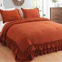 Masaca Terracotta Ruffled Comforter King Size,Shabby Burnt Orange Chic Farmhouse Bedding Lightweight Fluffy Ruffle Bed Comforter Aesthetic Rustic Bed Set 3 Pieces