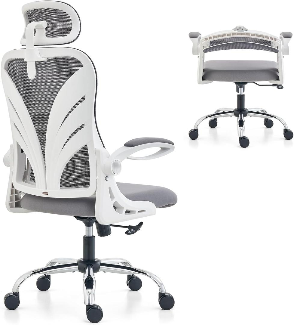 Ergonomic Office Chair with Foldable Backrest, Computer Desk Chair with Flip-up Armrests, Mesh Lumbar Support and 2D Headrest Big and Tall Office Chair, White