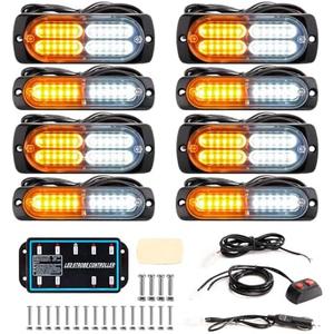BooYu 8-pcs Sync Feature LED Emergency Strobe Lights Ultra Slim Grille Surface Mount Flashing Warning Hazard Light Bar w/Controller for Construction, Firefighter, Trucks, Vehicles, Car (Amber/White)