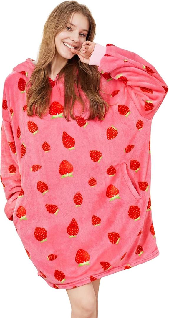 Felicigeely Blanket Hoodie Wearable Blanket Sweatshirt Oversized Hooded Blanket Sweater Gift for Women (35 inch, Strawberry Pink)