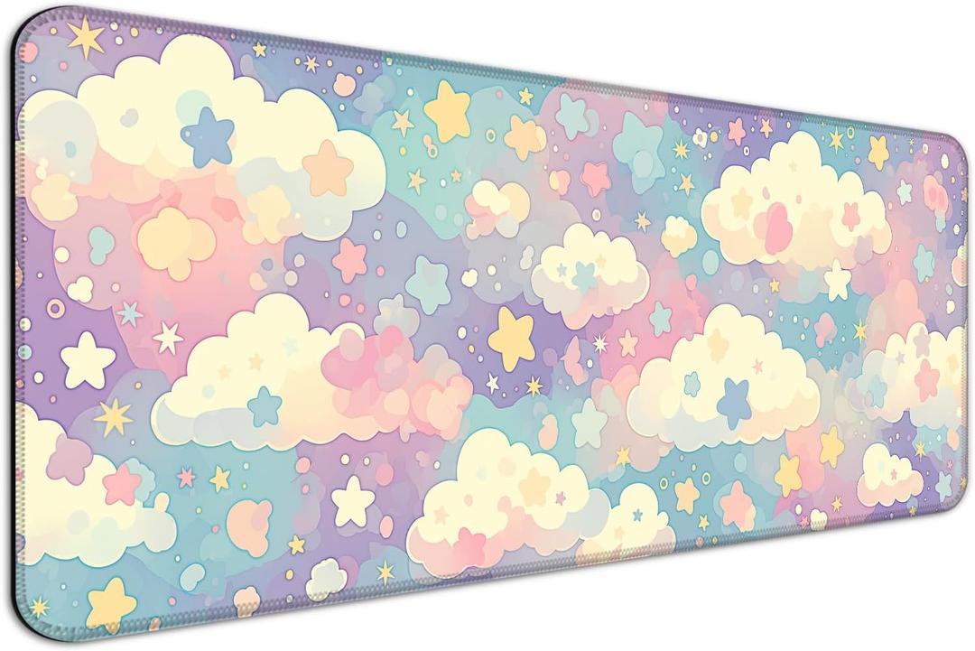 Cute Colorful Cloud and Star Desk Mat, Watercolor Pink Extended Large Gaming Mouse Pad, Computer Keyboard Laptop Girl Kawaii Mousepad for Work, Game, Office and Home, XL (Ms26)