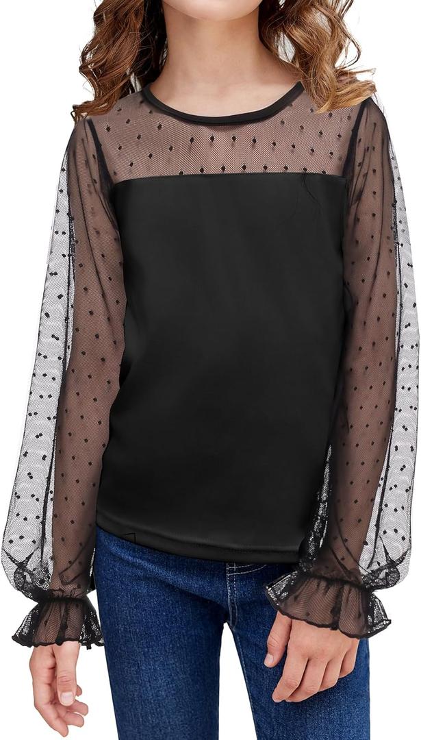 Arshiner Girls Long Sleeve Shirts with Sheer Puff Cute Lantern Sleeve Design Lady Style Swiss Dots Tops for Girls Blouse Tee (Black)
