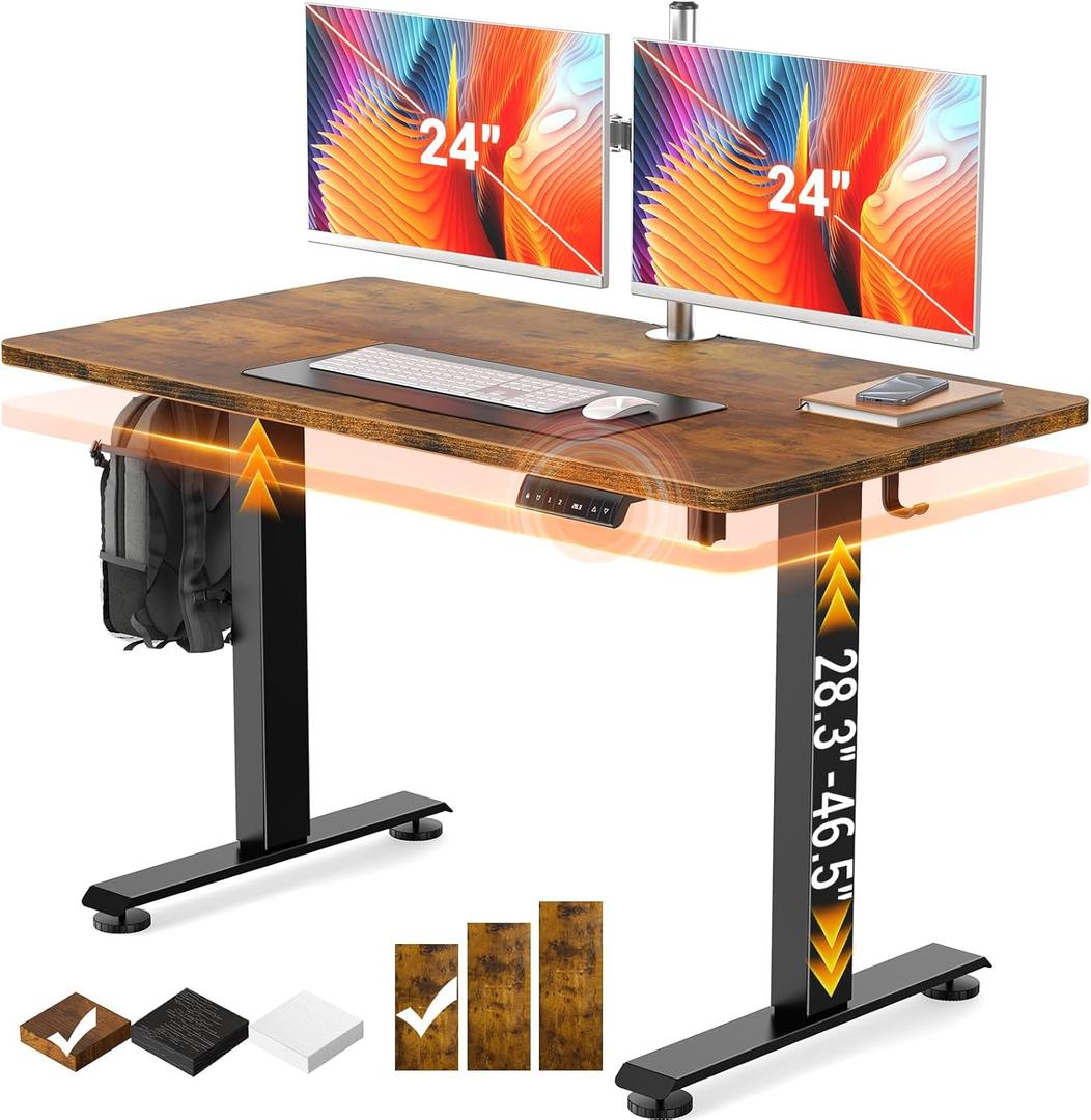 Veken 47.2" Standing Desk, Adjustable Height Office Desk with Wood Desktop, Computer Table for Home Work, Study and Gaming, Small Spaces, Modern Furniture, Brown