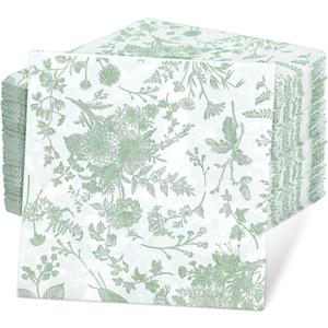 200 Pcs Green Floral Napkins, 9.8 x 9.8 Inch Disposable Sage Green Floral Paper Napkins Decorative Flower Hand Towels for Wedding, Baby Shower, Hotel, Kitchen, Bathroom