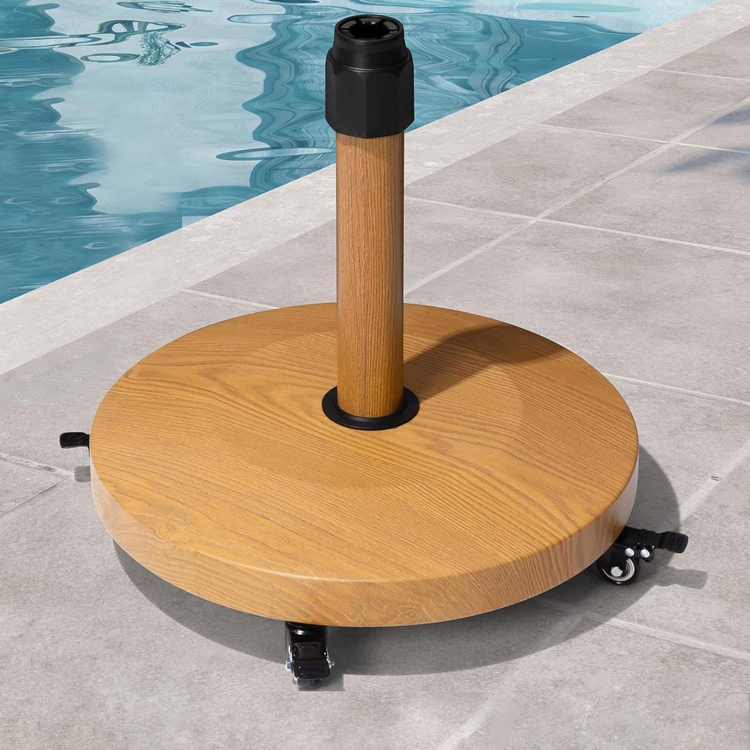 Patio Umbrella Base with 4 Wheels, 44lbs Round Heavy Duty Concrete Stand for Outdoor Market Umbrella, Teak