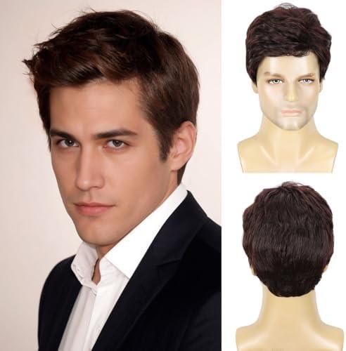 DDHAIR Men Short Brown Wig Layered Natural Fluffy Synthetic Wigs for Halloween Cosplay Male Man Hair(Dark Brown,6 Inch)