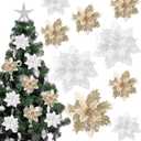 Yunsailing 30 Pcs Poinsettia Christmas Artificial Glitter Flower Xmas Flower Poinsettia for Xmas Christmas Tree Craft Decor (Champaign Gold, Silvery White)