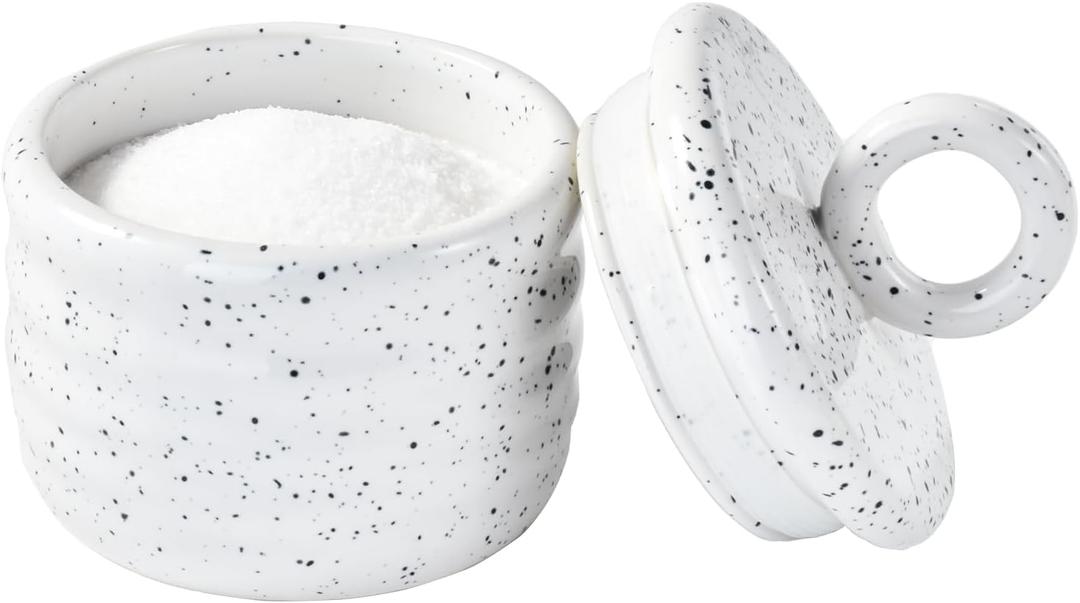 Salt Cellar Keeper with Ceramic Lid, Big Capacity Ceramic Sugar Bowls Pepper Box, Speckled Glaze Seasoning Container Condiment Pot for Kitchen (White)
