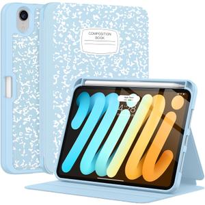 Supveco Case for iPad Mini (A17 Pro) 2024 /iPad Mini 6th Generation 2021 with Pencil Holder-[Auto Wake/Sleep],Slim Protective Case with Soft TPU Back Cover for iPad Mini 8.3 Inch 2024/2021-Ice Blue
