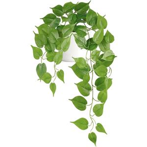 Mkono Fake Hanging Plants with Ceramic Pot, 25" Artificial Plants for Home Decor Indoor Faux Green Leaf Plant with Modern White Planter for Desk Shelf Bathroom Decoration (Pothos)
