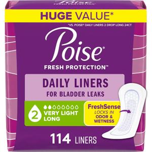 Poise Daily Liners, Incontinence Panty Liners for Bladder Leaks, 2 Drop Very Light Absorbency, Long Length, 114 Count of Pantiliners, 
