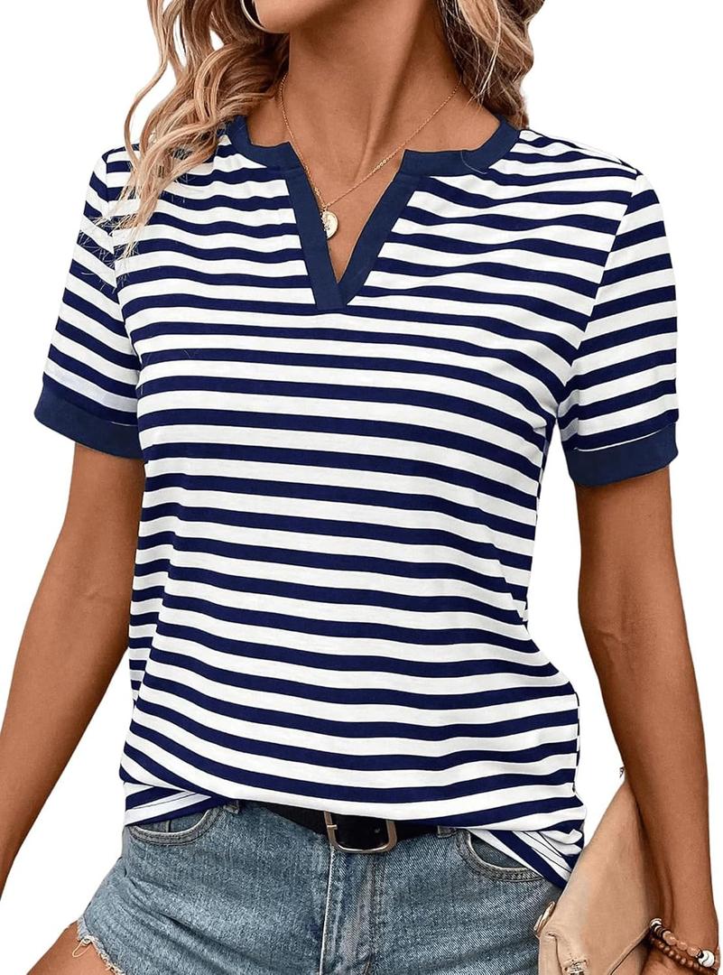 LilyCoco Striped Shirt Women V Neck T Shirts Short Sleeve Color Block Summer Tops Notch Navy X-Large (Blue, XL)