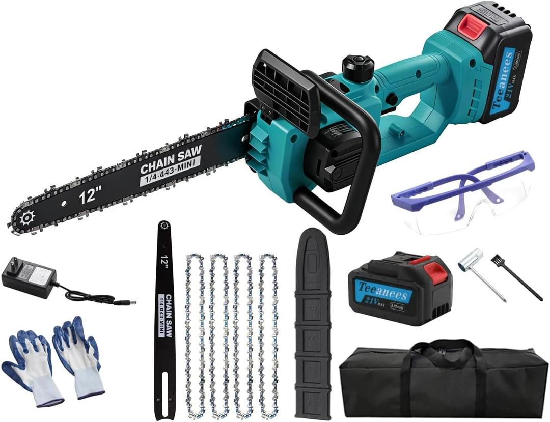 12" Brushless Electric Chainsaw, 1200W Powerful Cordless Chainsaw with Auto Oiler & Safety Lock, 14m/s High Chain Speed, 4.0Ah Battery & 4 Chains for Tree Pruning & Wood Cutting (Blue)