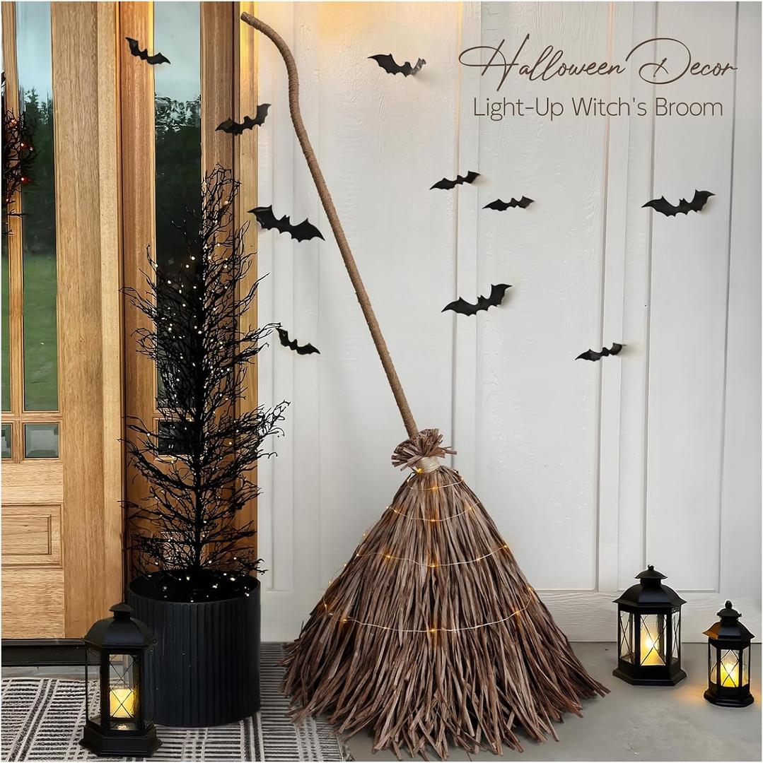 Halloween Decorations - Fall Decor for Home - 5.2 Ft Giant Light-Up Witches Broom - Rustic Farmhouse Decoration for Indoor Outdoor Front Door Porch