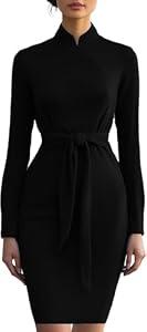 MsavigVice Women Black Work Dresses Long Sleeves Prom Bodycon Ruffle Church Pencil Midi Dress for Women S